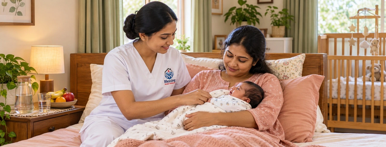 Caregiver supporting a mother and newborn at home
